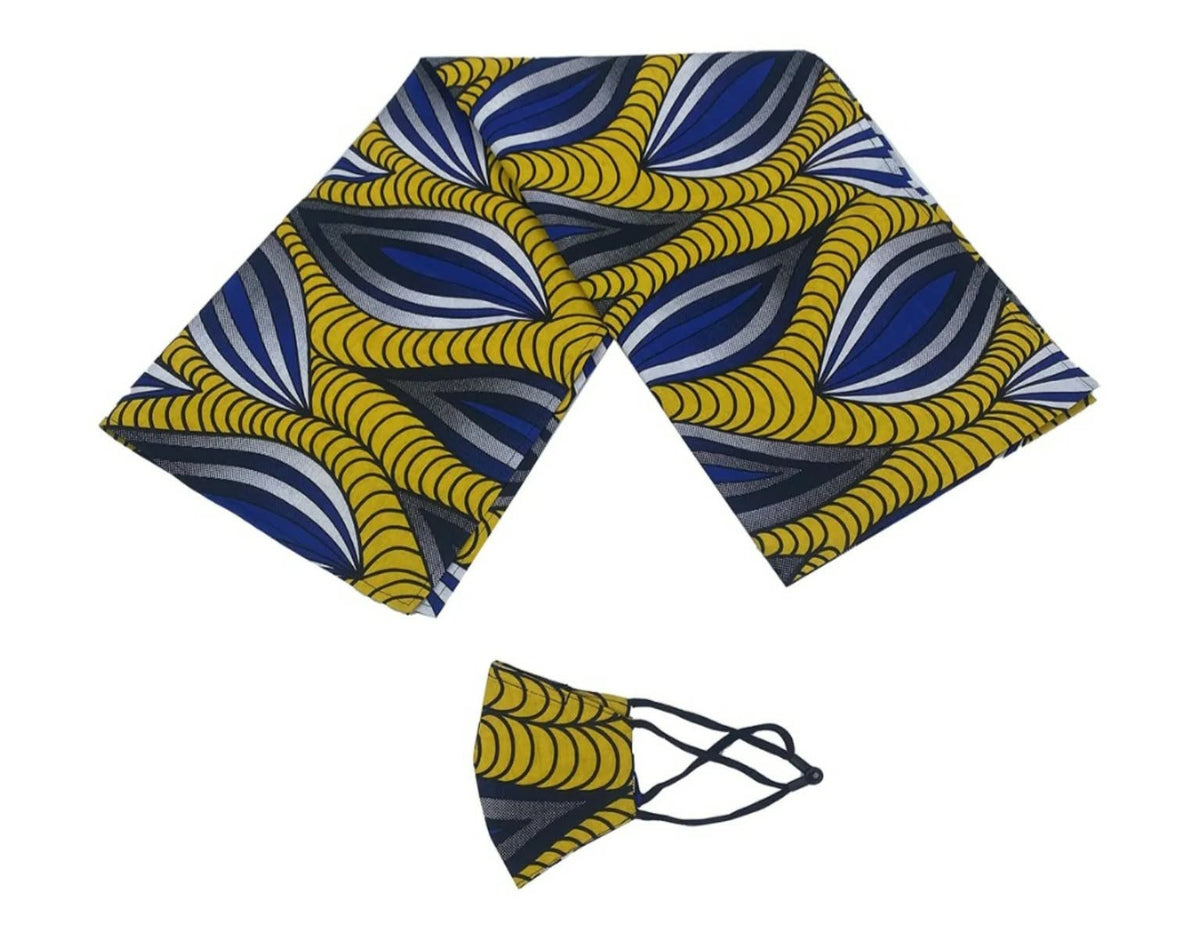 African Print Headtie Set with Matching Face Mask