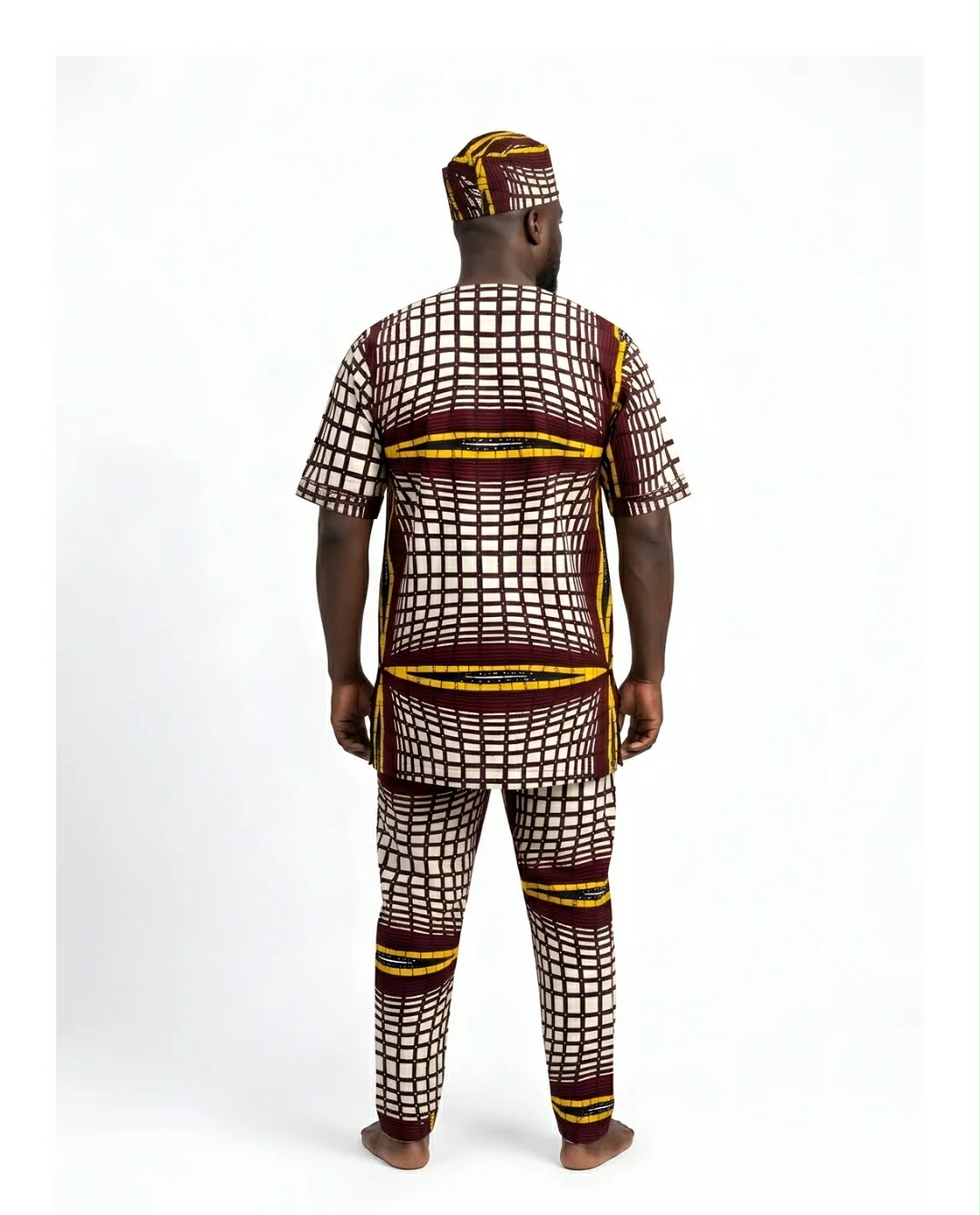 Men’s African Print 3-Piece Traditional Set –Burgundy, Cream & Gold