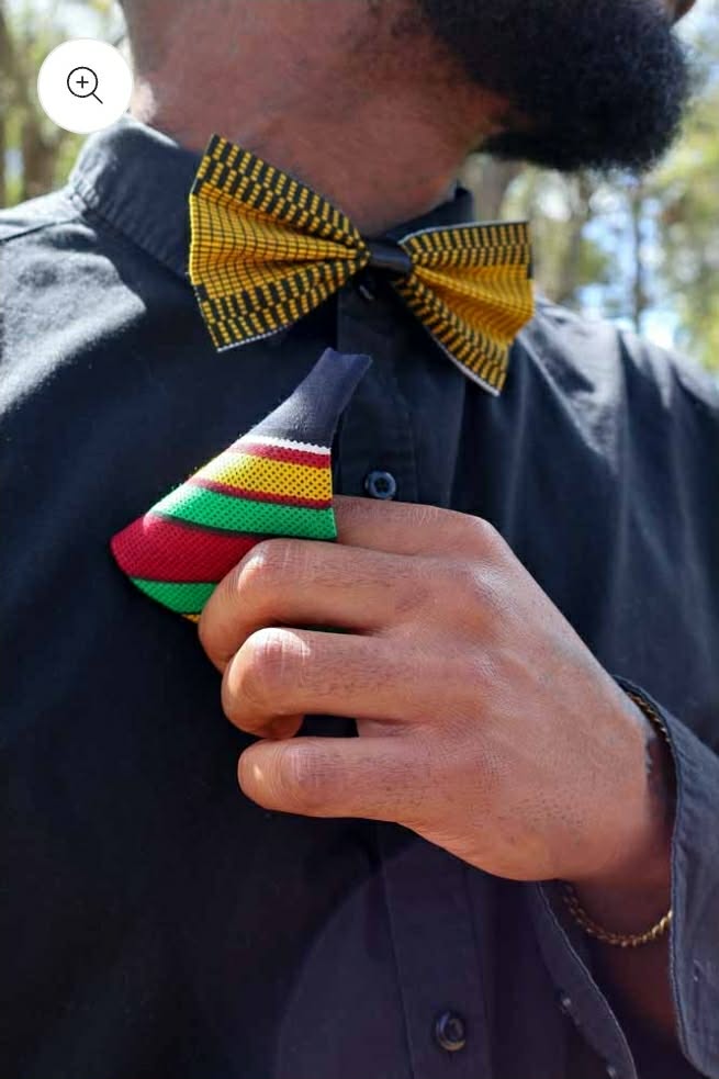 Men’s African Print Tie Set – Black & Multicolor Stripe
