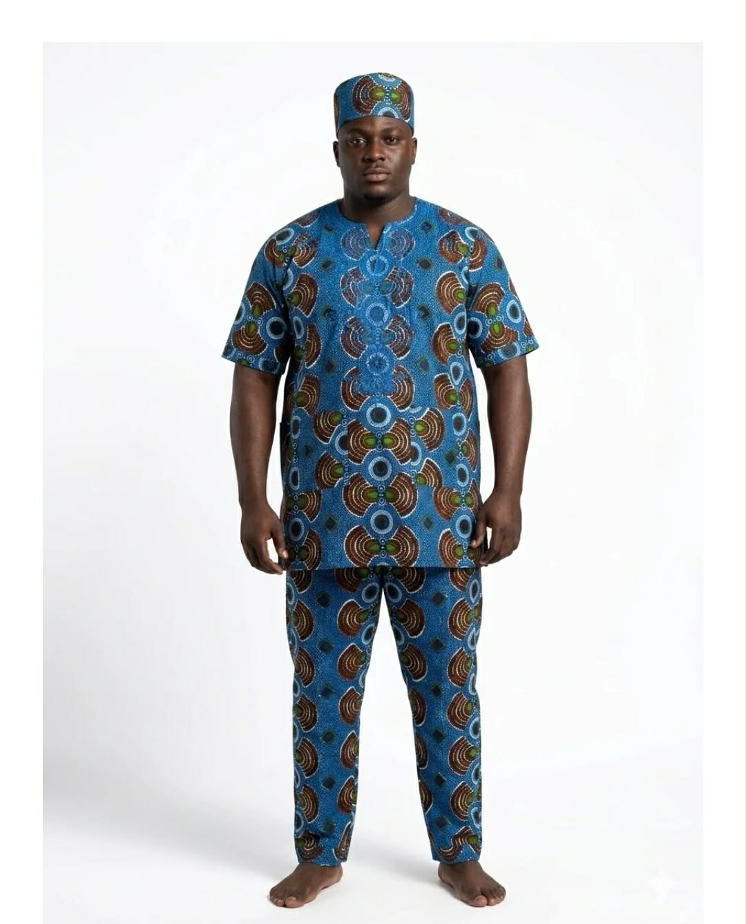 Men’s African Print 3-Piece Traditional Set – Blue & Brown