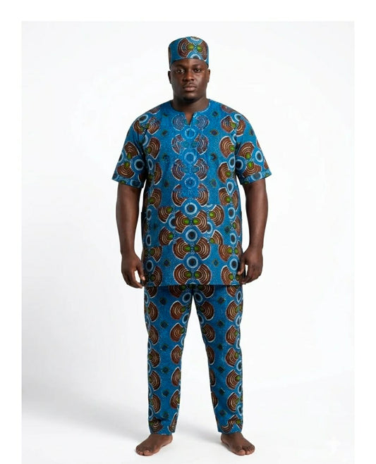 Men’s African Print 3-Piece Traditional Set – Blue & Brown
