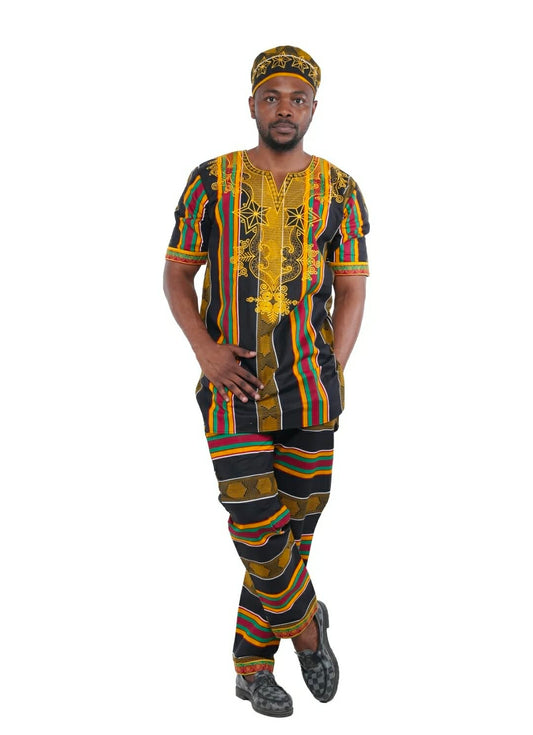 Men’s African Print 3-Piece Traditional Set – Black, Gold & Multicolor Stripe