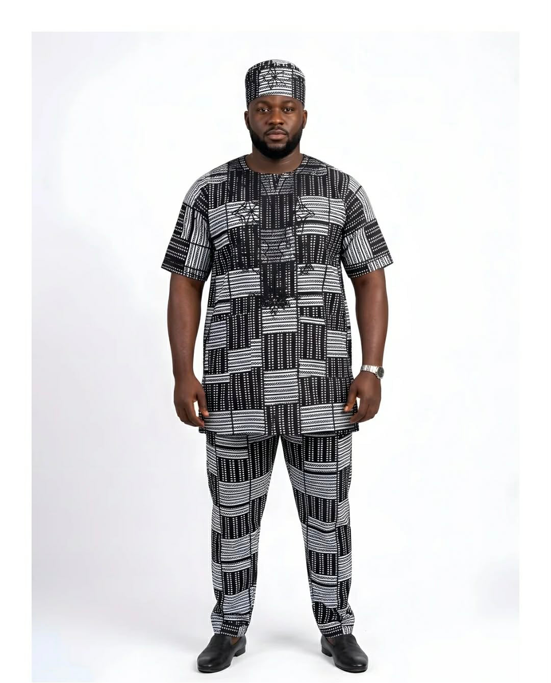 Men’s African Print 3-Piece Traditional Set – Black & White