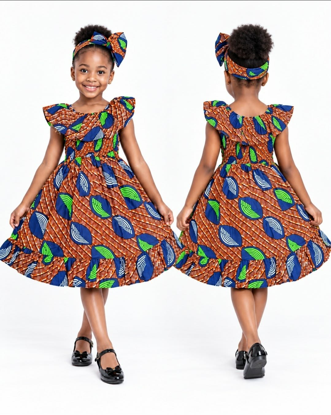 African Print Girls Ruffle Dress with Matching Headband – Multicolor