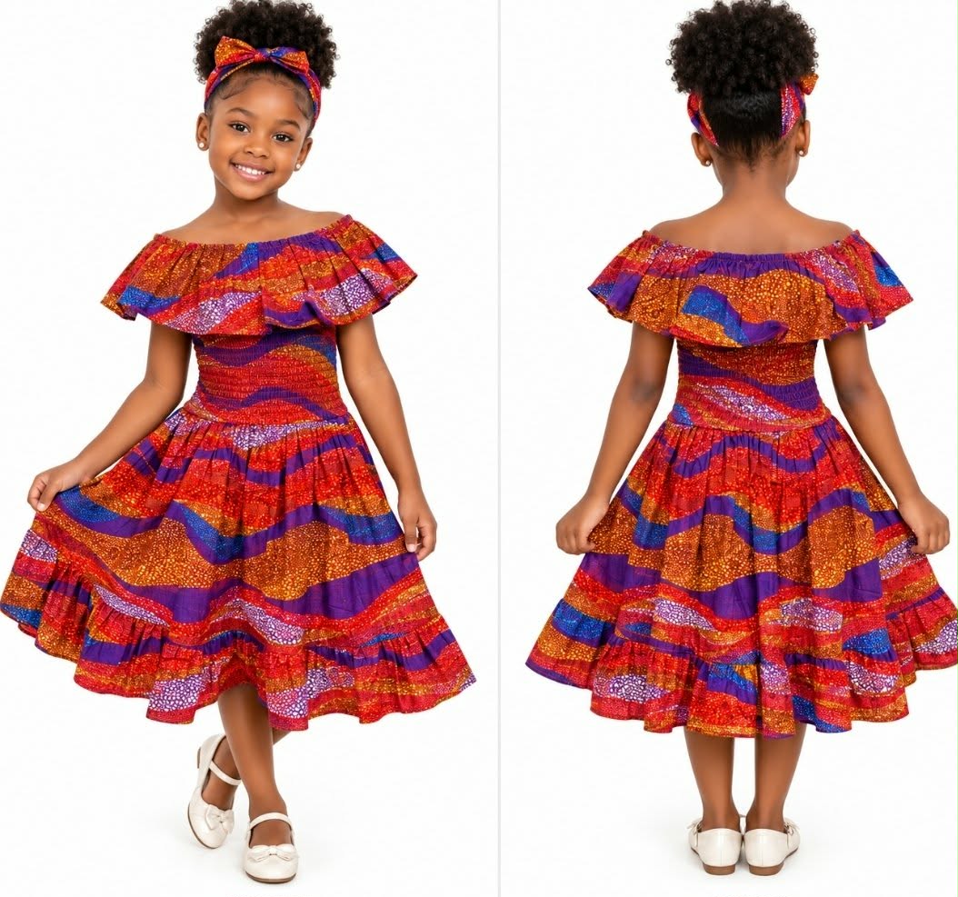 African Print Girls Off-Shoulder Ruffle Dress with Matching Headband – Multicolor