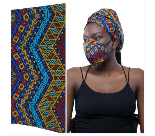 African Print Headtie Set with Matching Face Mask