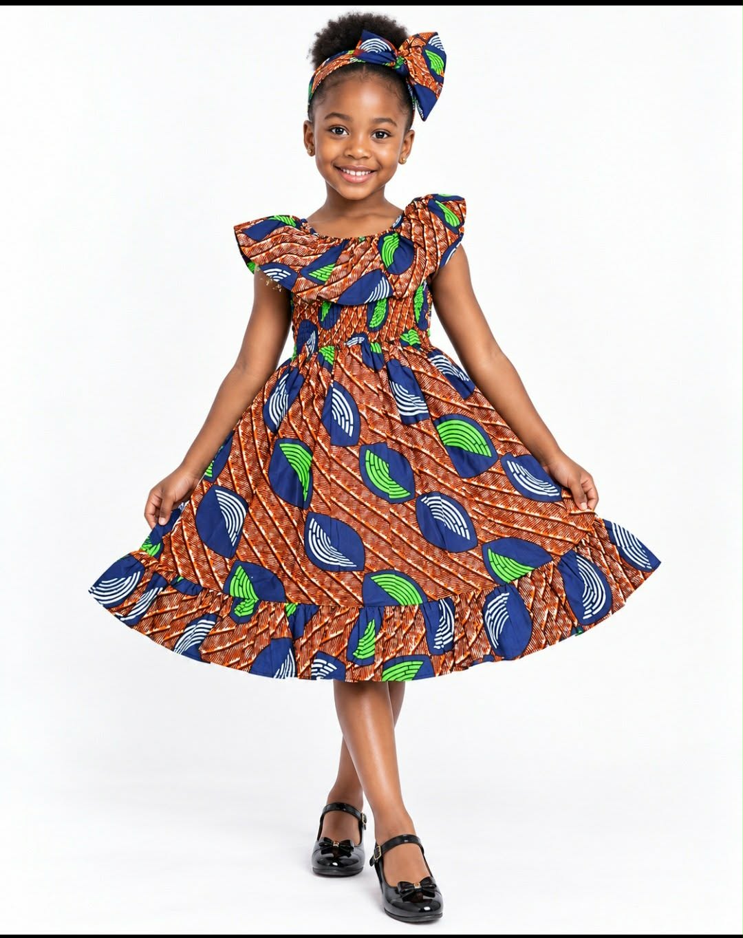 African Print Girls Ruffle Dress with Matching Headband – Multicolor