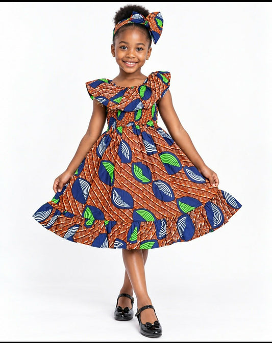 African Print Girls Ruffle Dress with Matching Headband – Multicolor