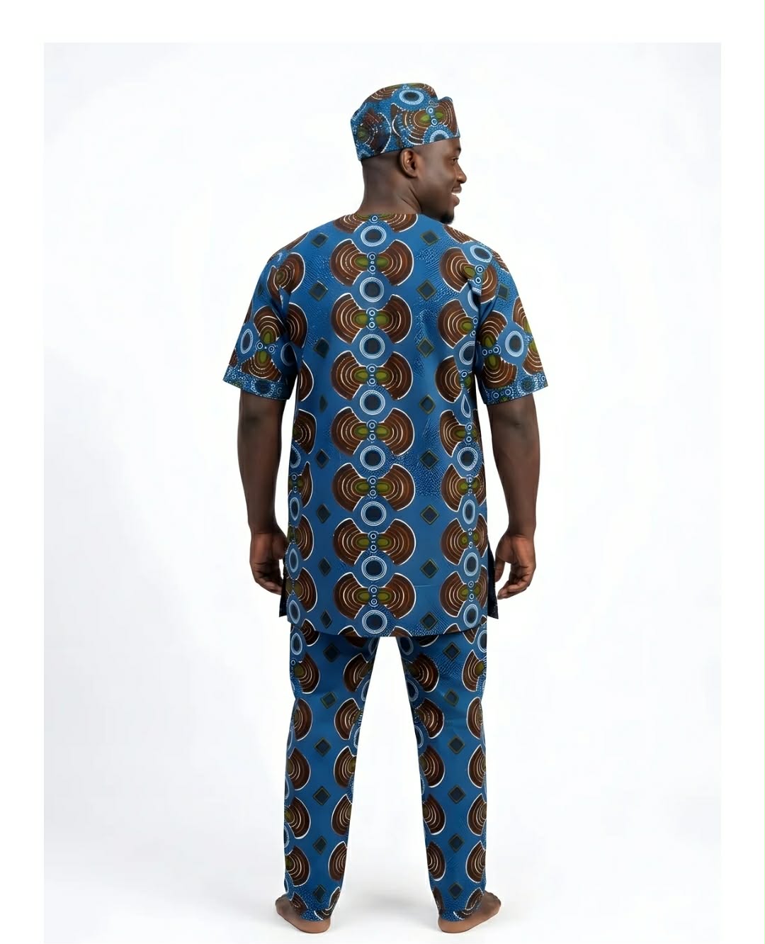 Men’s African Print 3-Piece Traditional Set – Blue & Brown