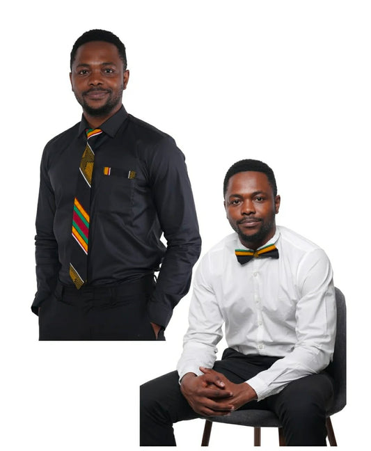 Men’s African Print Tie Set – Black & Multicolor Stripe